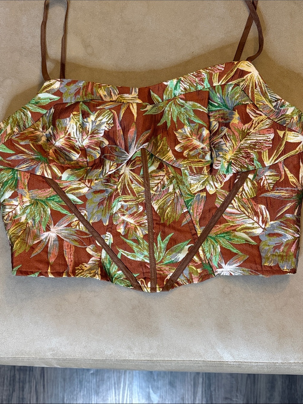 Cider Rust Tropical Leaf Crop Corset Top